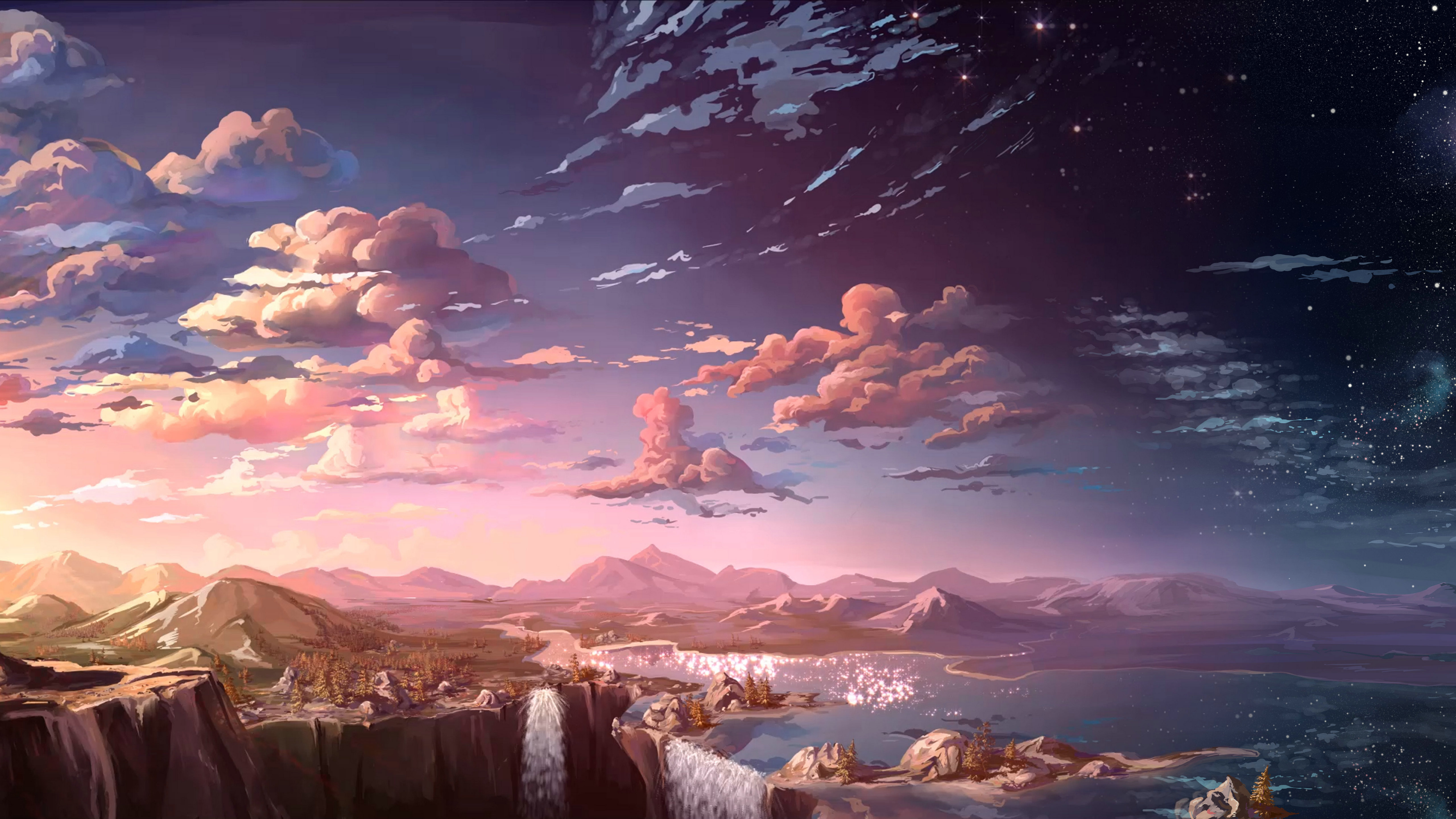 Anime Landscape Waterfall Cloud 5k - Beautiful Anime Scenery , HD Wallpaper & Backgrounds