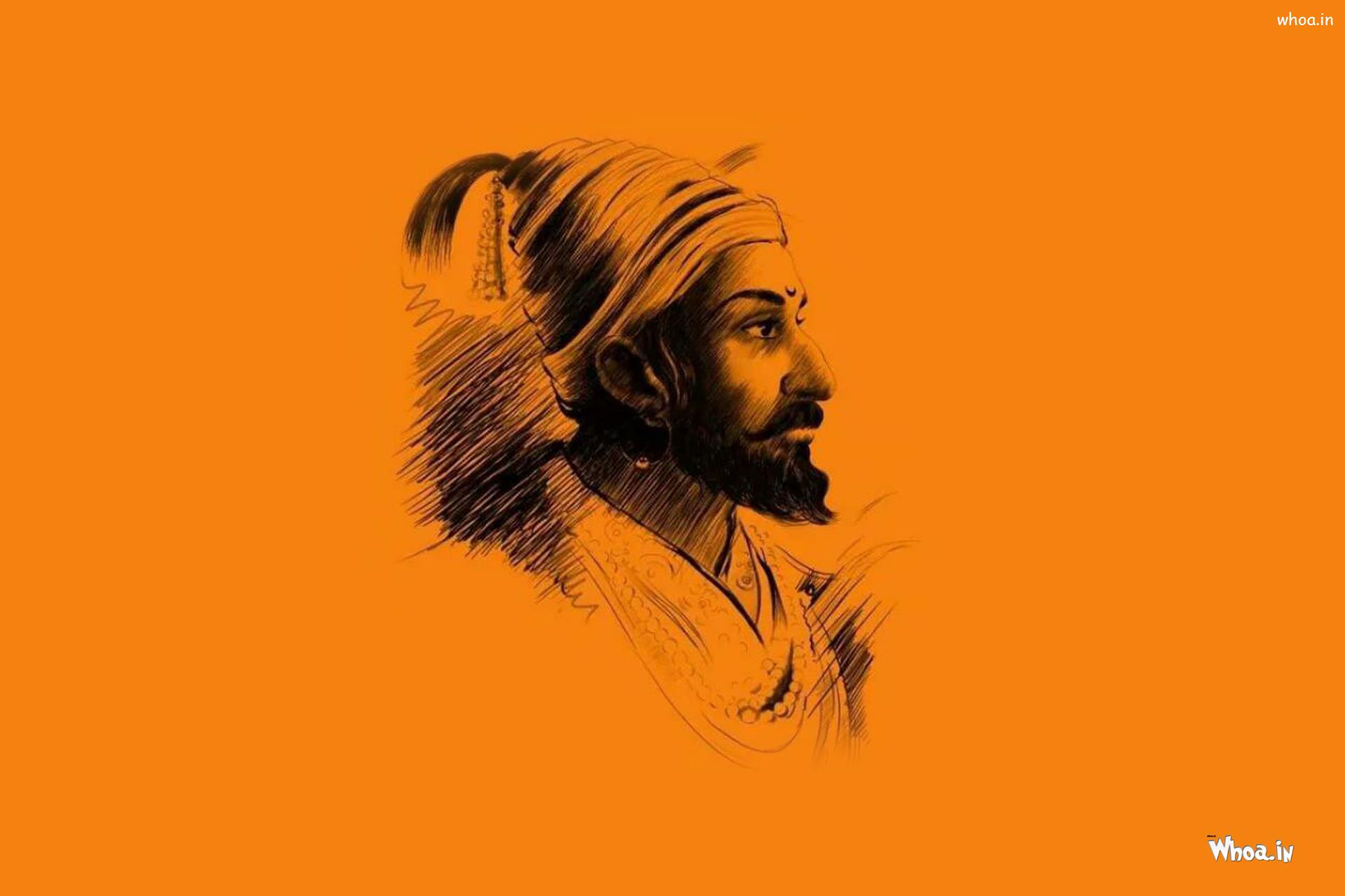 Shivaji Maharaj Pencil Art With Orange Background Hd - Shiv Jayanti Chya Hardik Shubhechha , HD Wallpaper & Backgrounds