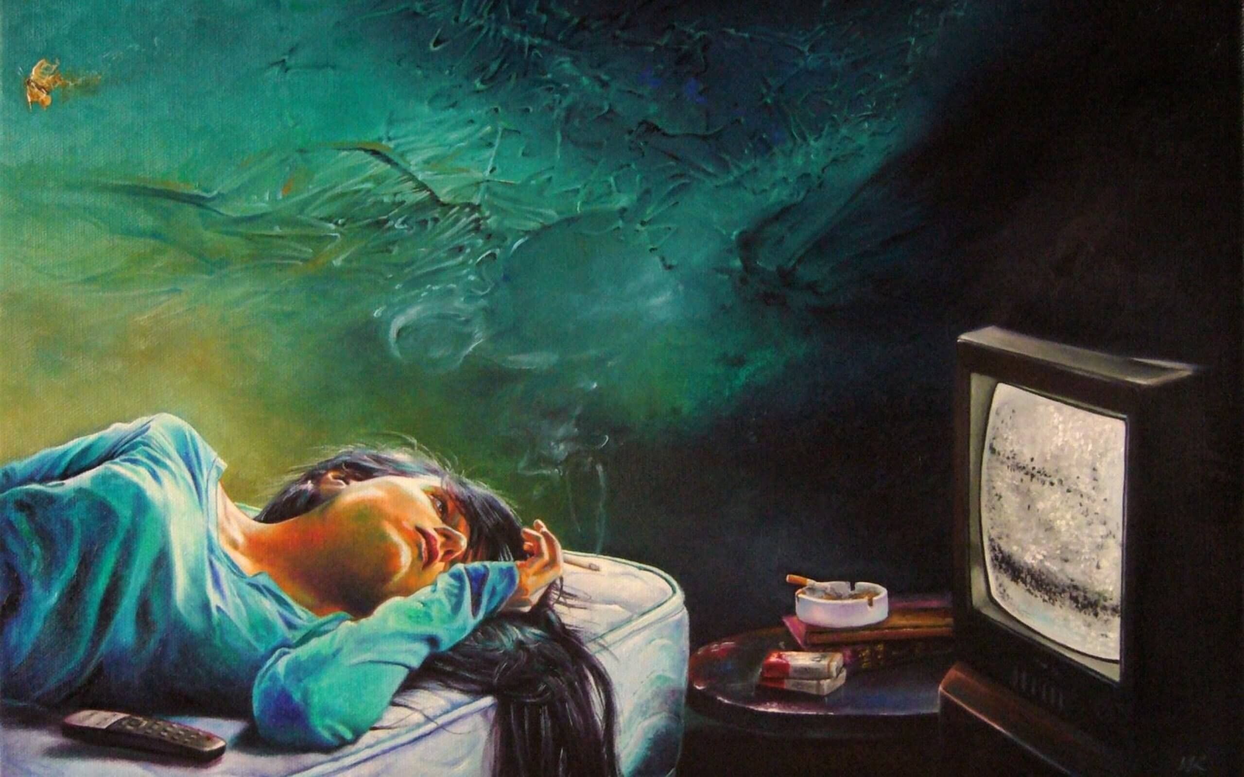 A Girl Watching Tv Artistic Work Paintings 2560×1600 - لا احد يستحق الثقة , HD Wallpaper & Backgrounds