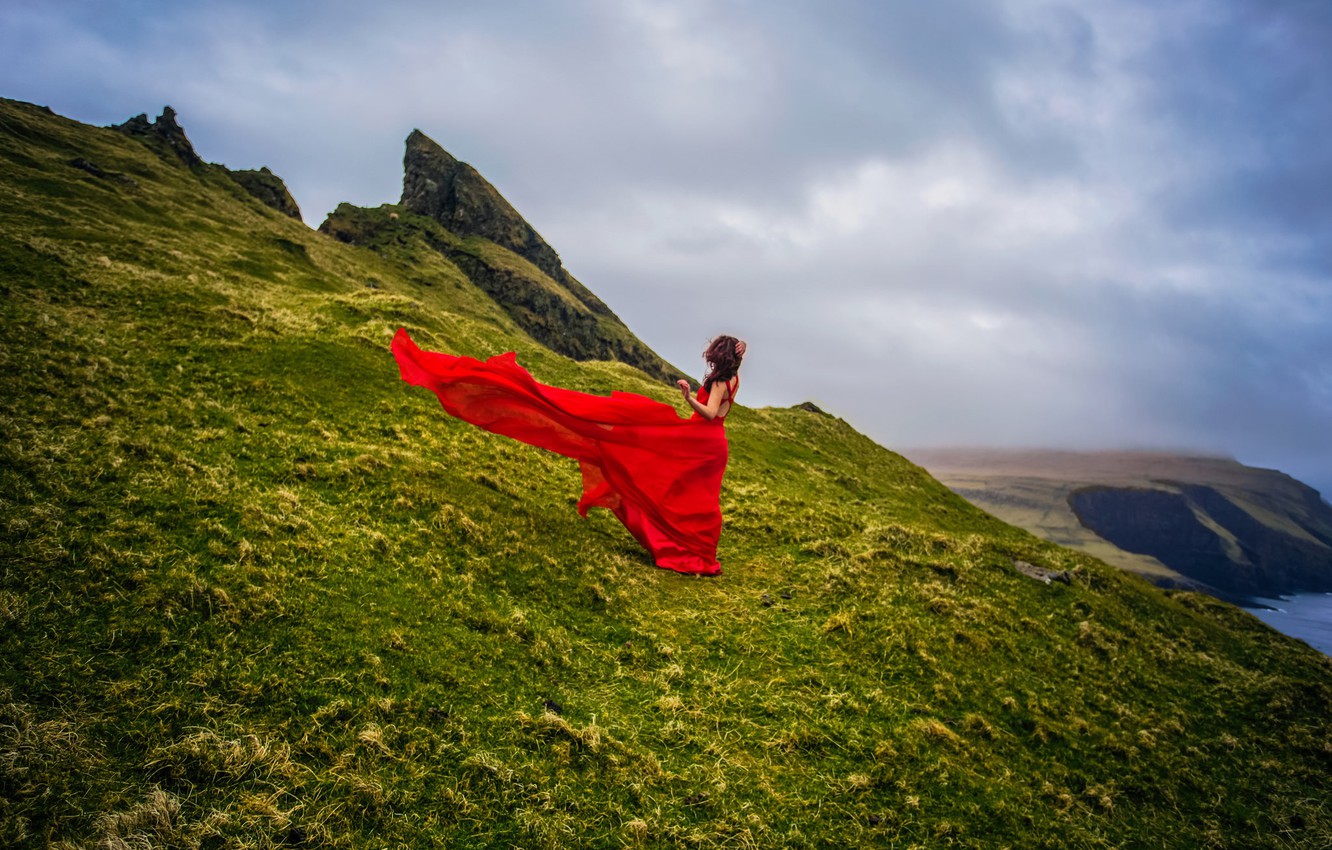 Photo Wallpaper Girl, Coast, Denmark, Red Dress, Faroe - Faroe Islands Denmark , HD Wallpaper & Backgrounds