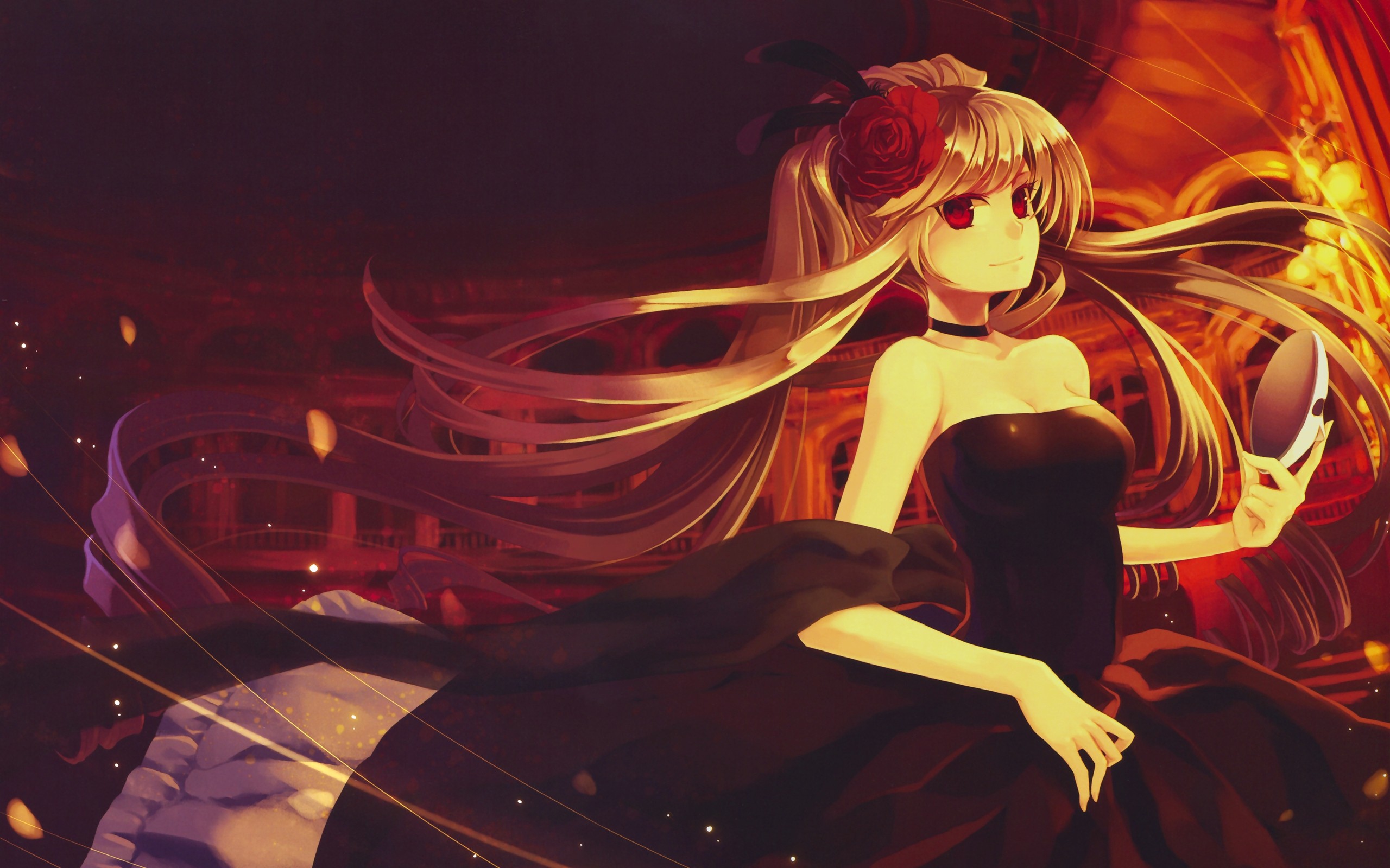Blondes Dress Flowers Original Long Hair Feathers Red - Anime Girl With Red Hair In A Dress , HD Wallpaper & Backgrounds