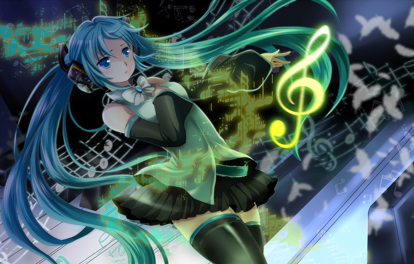 Photo Wallpaper Girl, Notes, Feathers, Headphones, - Anime Music Girl Blue Hair , HD Wallpaper & Backgrounds