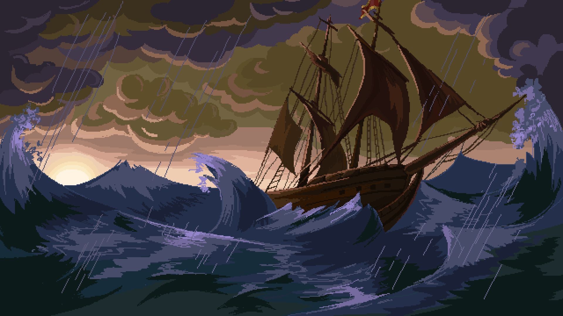 Pixels, Pixel Art, Ship, Sea, Waves, Storm, Rain, Clouds - Pixel Art Wallpaper Nature , HD Wallpaper & Backgrounds