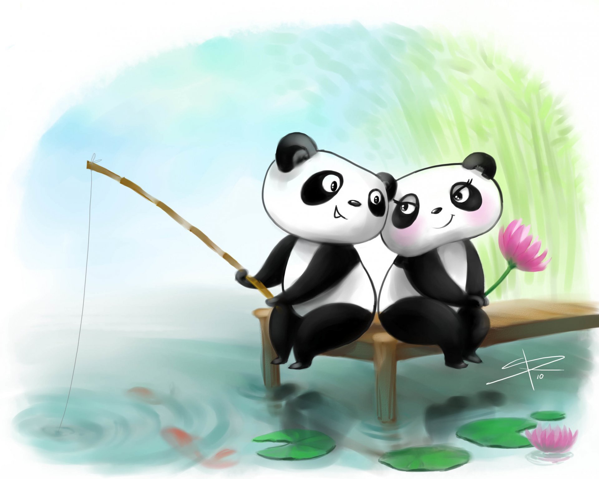Picture Panda Two Love Fishing Fishing Rods Lotus Confused - Panda Lovers , HD Wallpaper & Backgrounds
