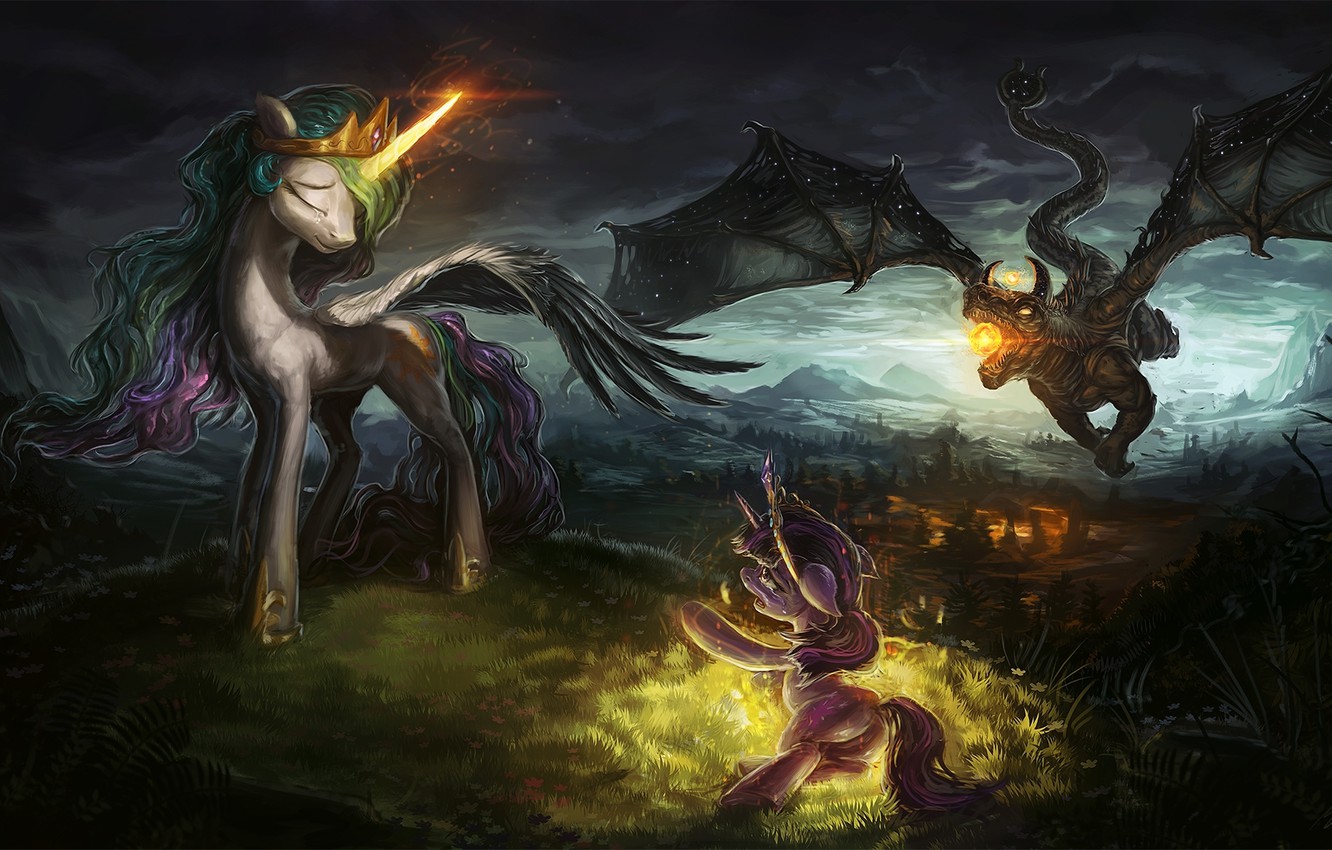 Photo Wallpaper Night, Dragon, Figure, The Victim, - Mlp Princess Celestia Dragon , HD Wallpaper & Backgrounds