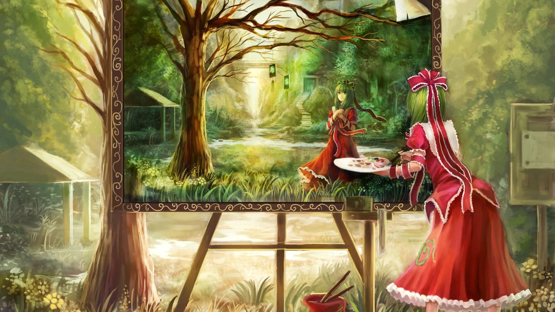 Wallpaper Girl, Dress, Red, Painting, Forest - Girl Paintings In Forest , HD Wallpaper & Backgrounds