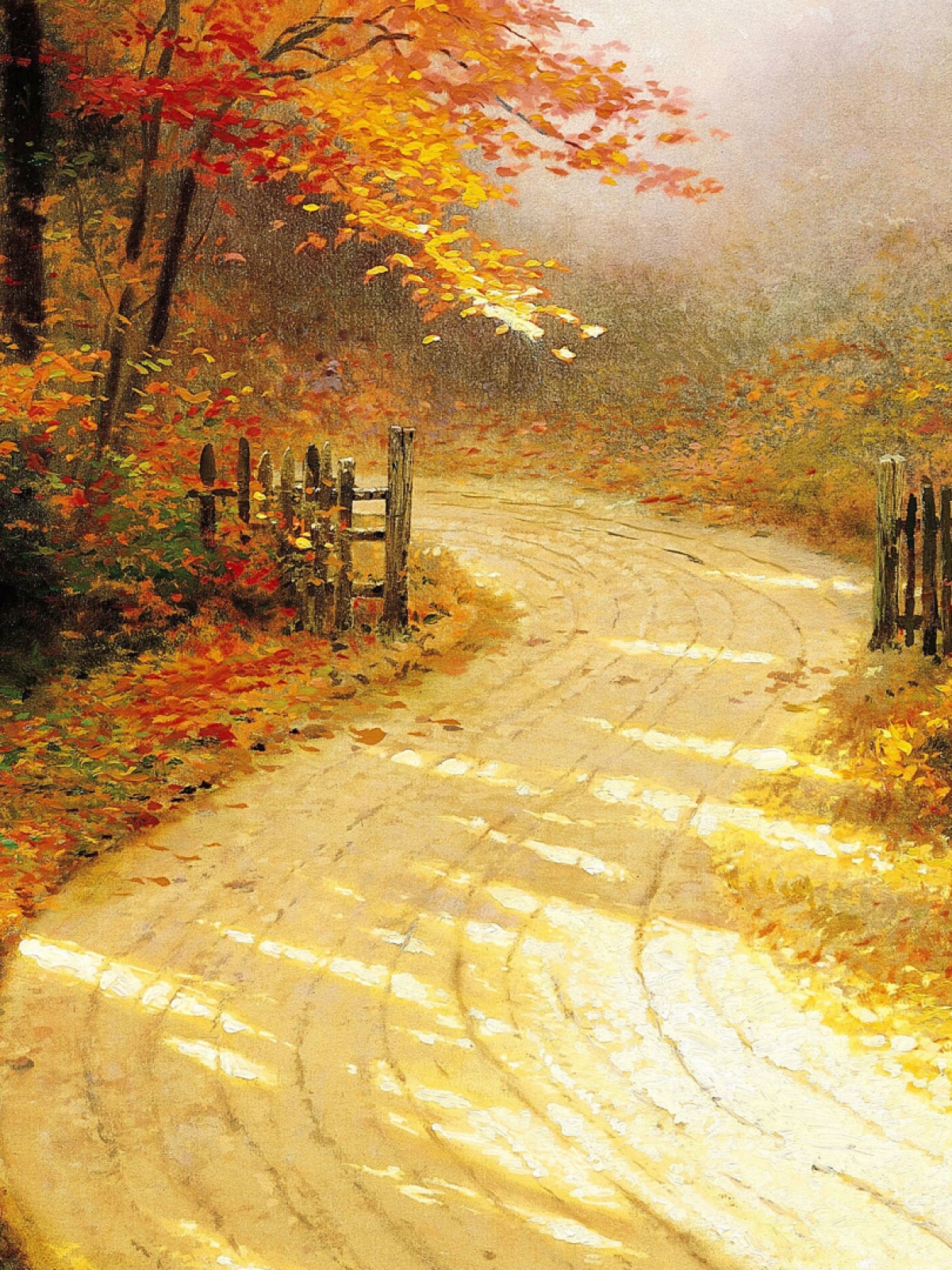 Golden Autumn Road Mobile Wallpaper - Thomas Kinkade Autumn , HD Wallpaper & Backgrounds