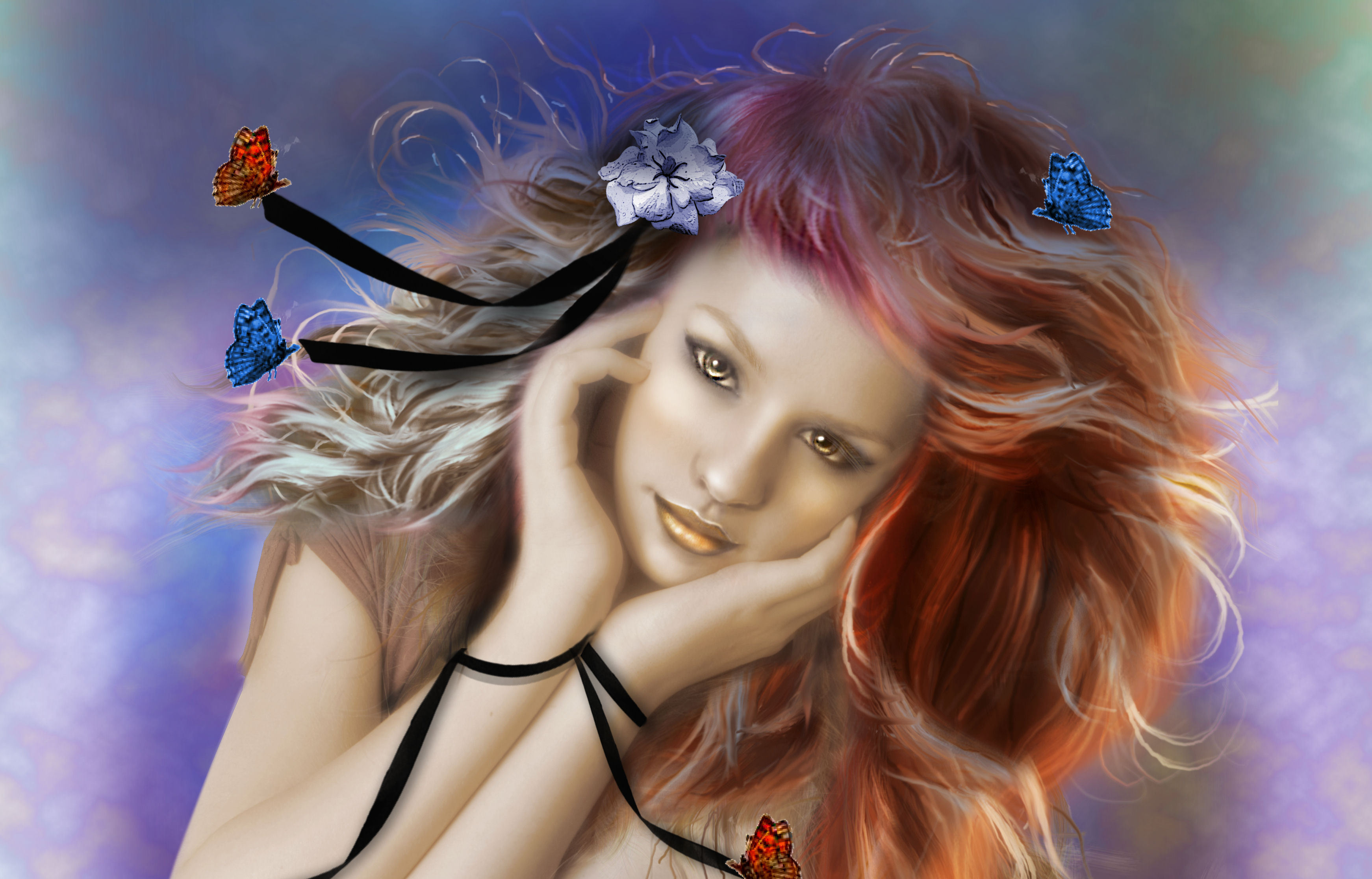 #butterflies, #girl, #butterfly, #ribbons, #hair, # - Painting Of Butterfly Woman , HD Wallpaper & Backgrounds