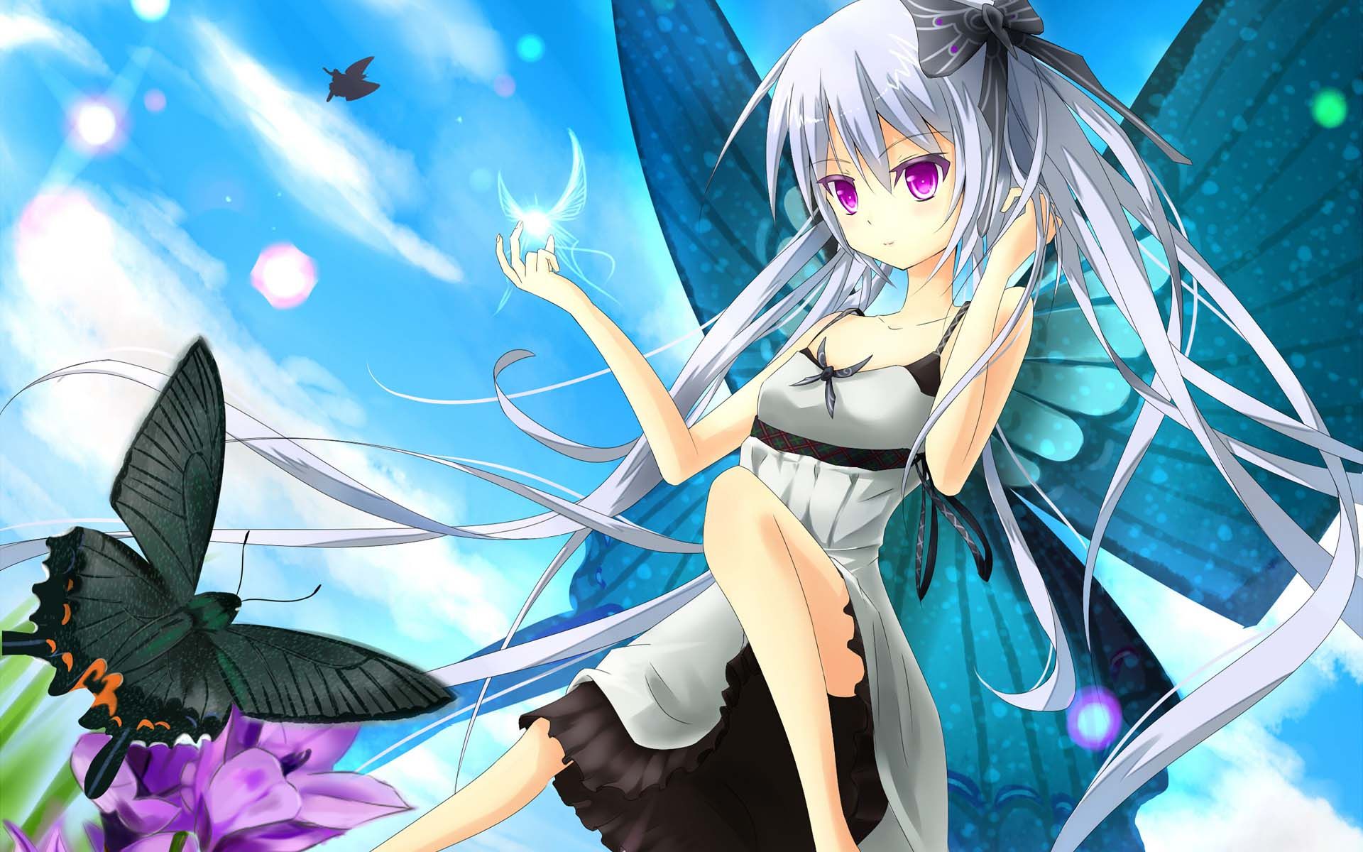 Girl Playing With A Butterfly - Anime Girl With Fairy Wings , HD Wallpaper & Backgrounds