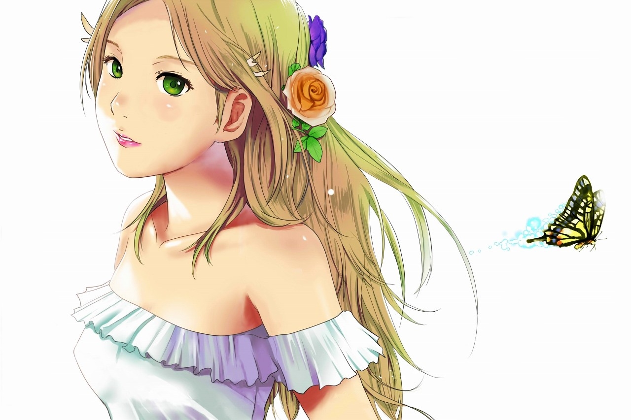 Blondes White Flowers Butterfly Green Eyes Photoshop Anime The