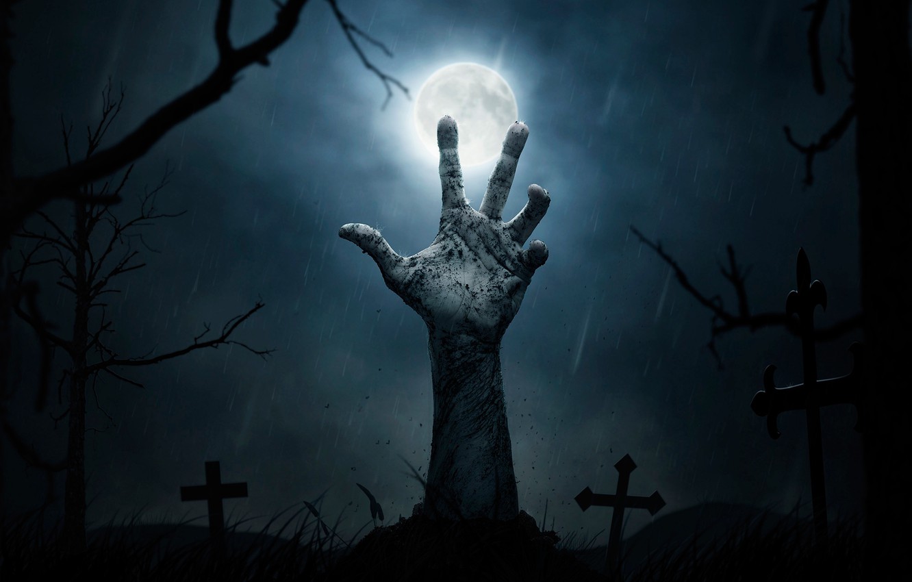 Photo Wallpaper Night, The Moon, Crosses, Graves, Hand, - Creepy Halloween , HD Wallpaper & Backgrounds