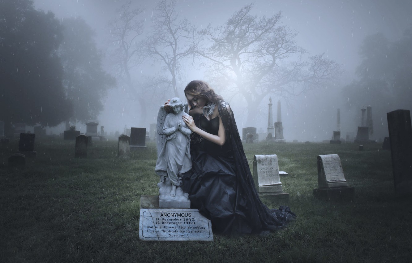 Photo Wallpaper Girl, Rain, Angel, Cemetery, Headstone, - Chica En El Cementerio , HD Wallpaper & Backgrounds