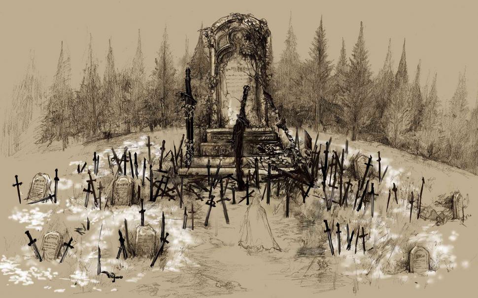 Dark Souls Cemetery Drawing Sword Tombstone Hd Wallpaper - Dark Souls Concept Art , HD Wallpaper & Backgrounds