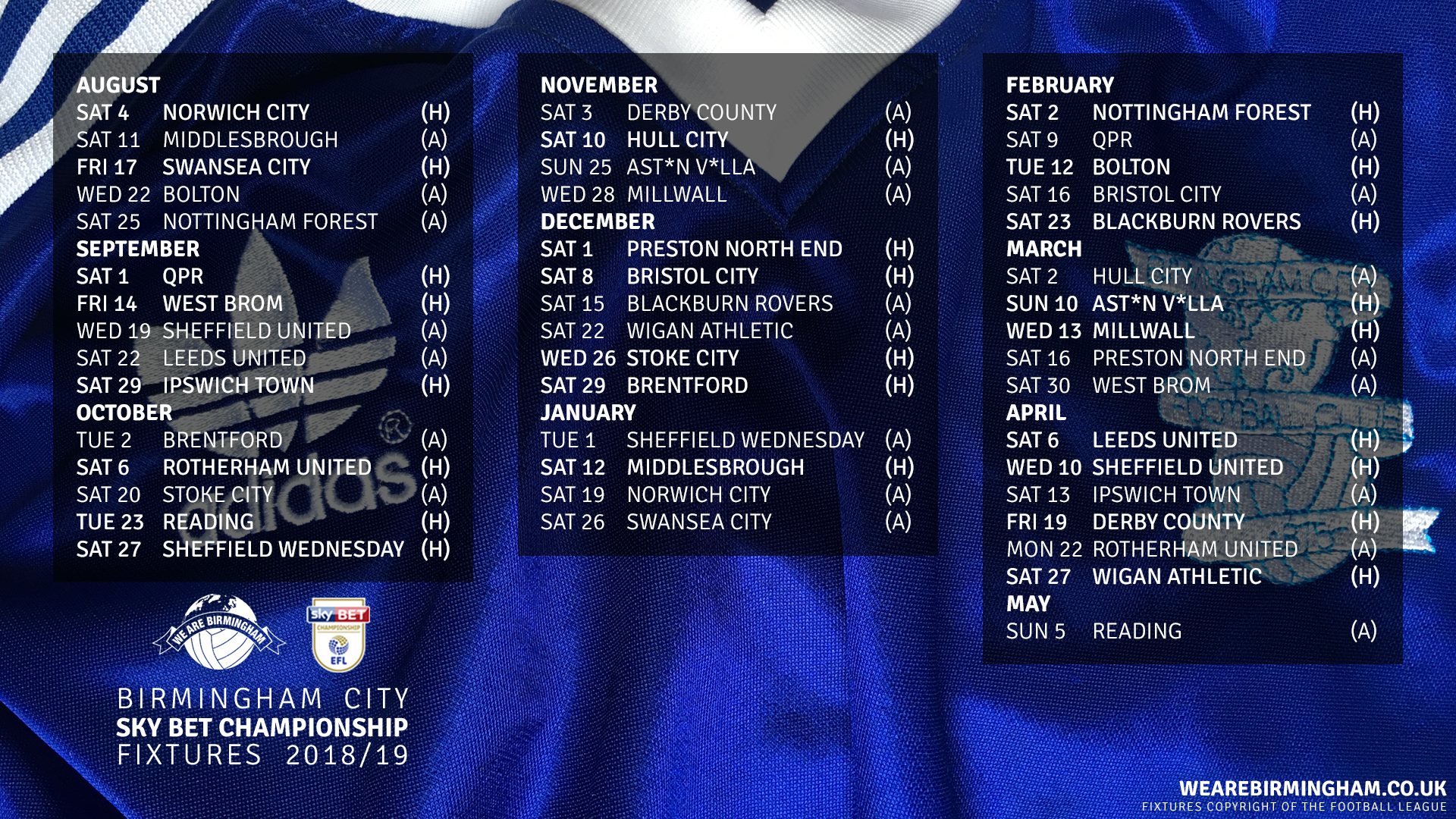 Birmingham City 2018/19 Fixture Wallpapers - Birmingham City Fixtures 2018 19 , HD Wallpaper & Backgrounds