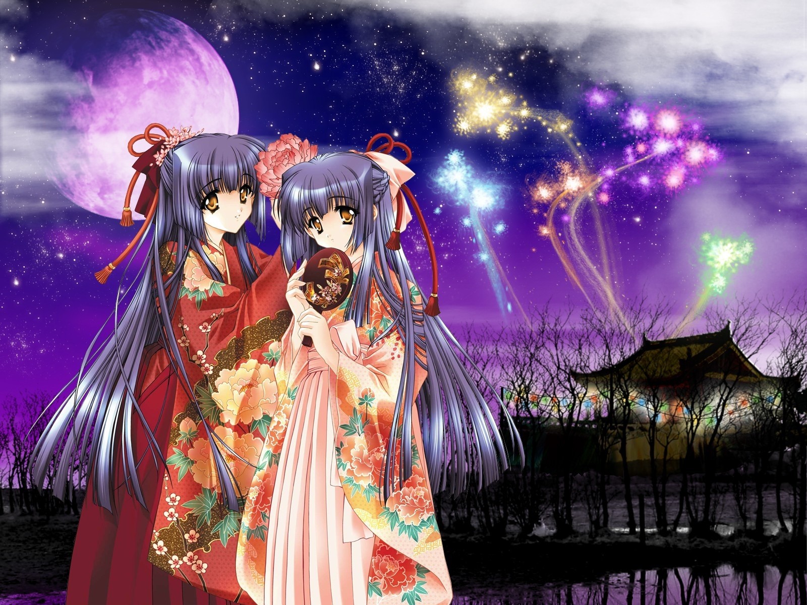 Kao No Nai Tsuki, Girl, Kimono, Fan, Evening Wallpaper - Purple Hair Anime Twin Girls , HD Wallpaper & Backgrounds