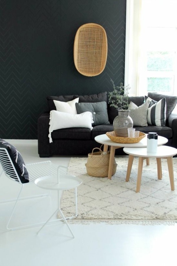Black Wallpaper With Pattern Chevron Living Room Wall - Decoracion Nordica Con Alfombras Marroquíes , HD Wallpaper & Backgrounds