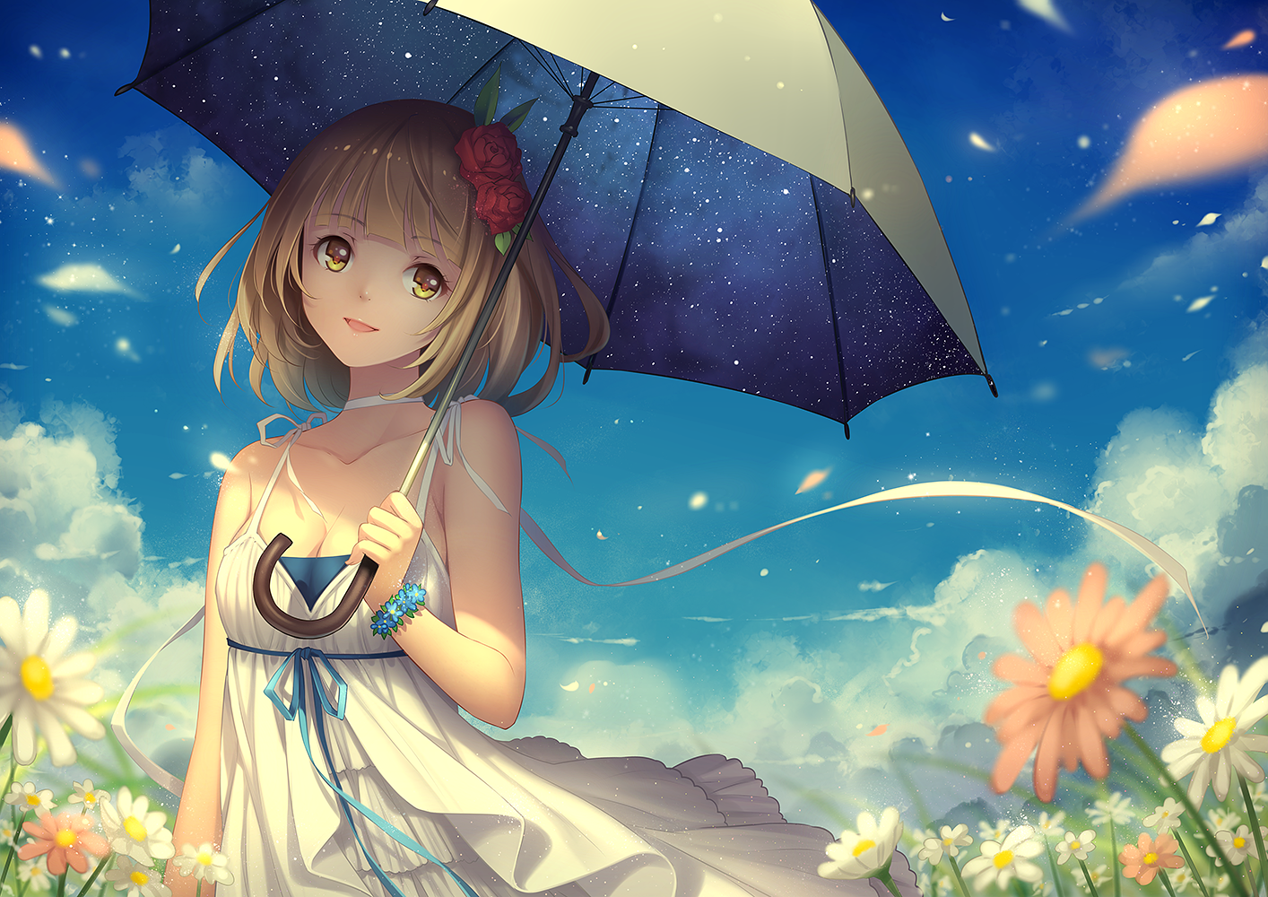 #anime, #flowers, #clouds, #umbrella, #original Characters, - Anime Girl With Nature Background , HD Wallpaper & Backgrounds