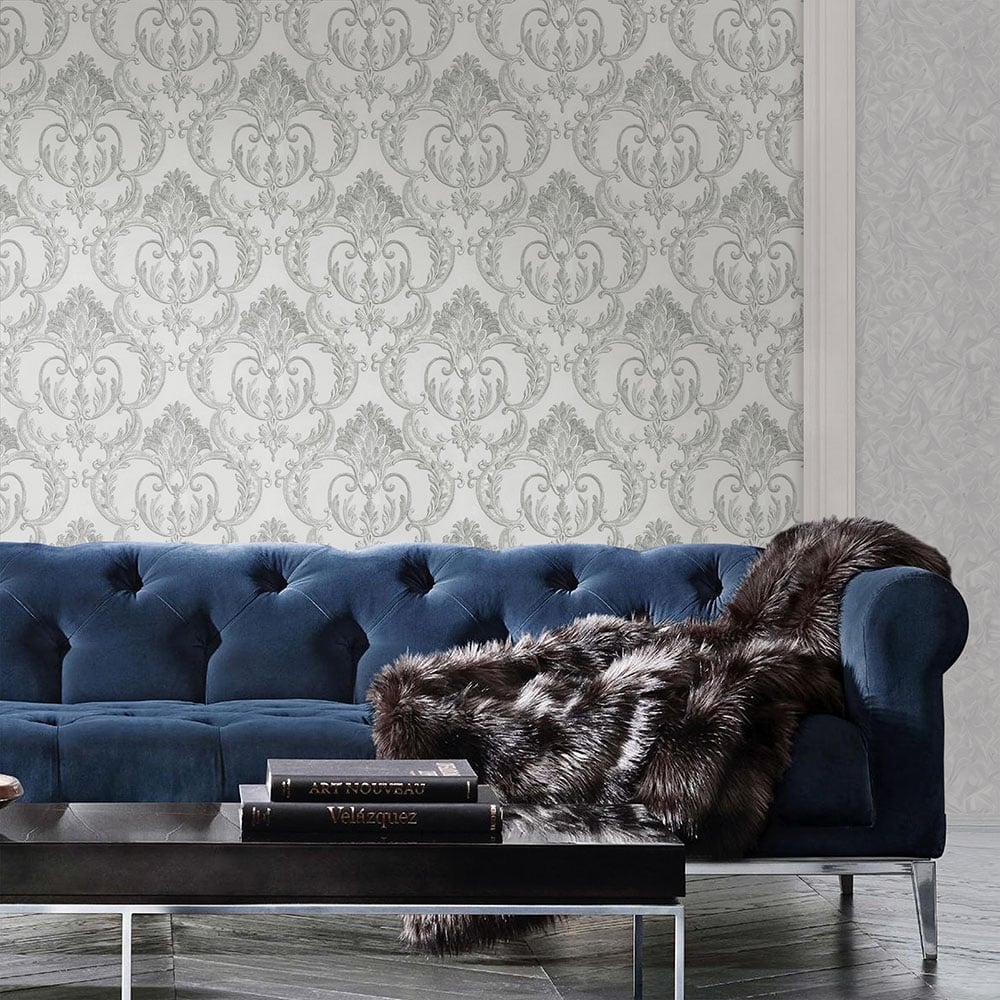 Debona Wallpaper - Blue Sofa Grey Floor , HD Wallpaper & Backgrounds
