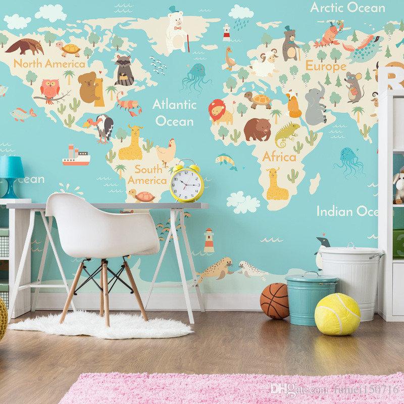 Cartoon Animal World Map Wallpaper Children Room Boys - Boys Bedroom Animal Ideas , HD Wallpaper & Backgrounds