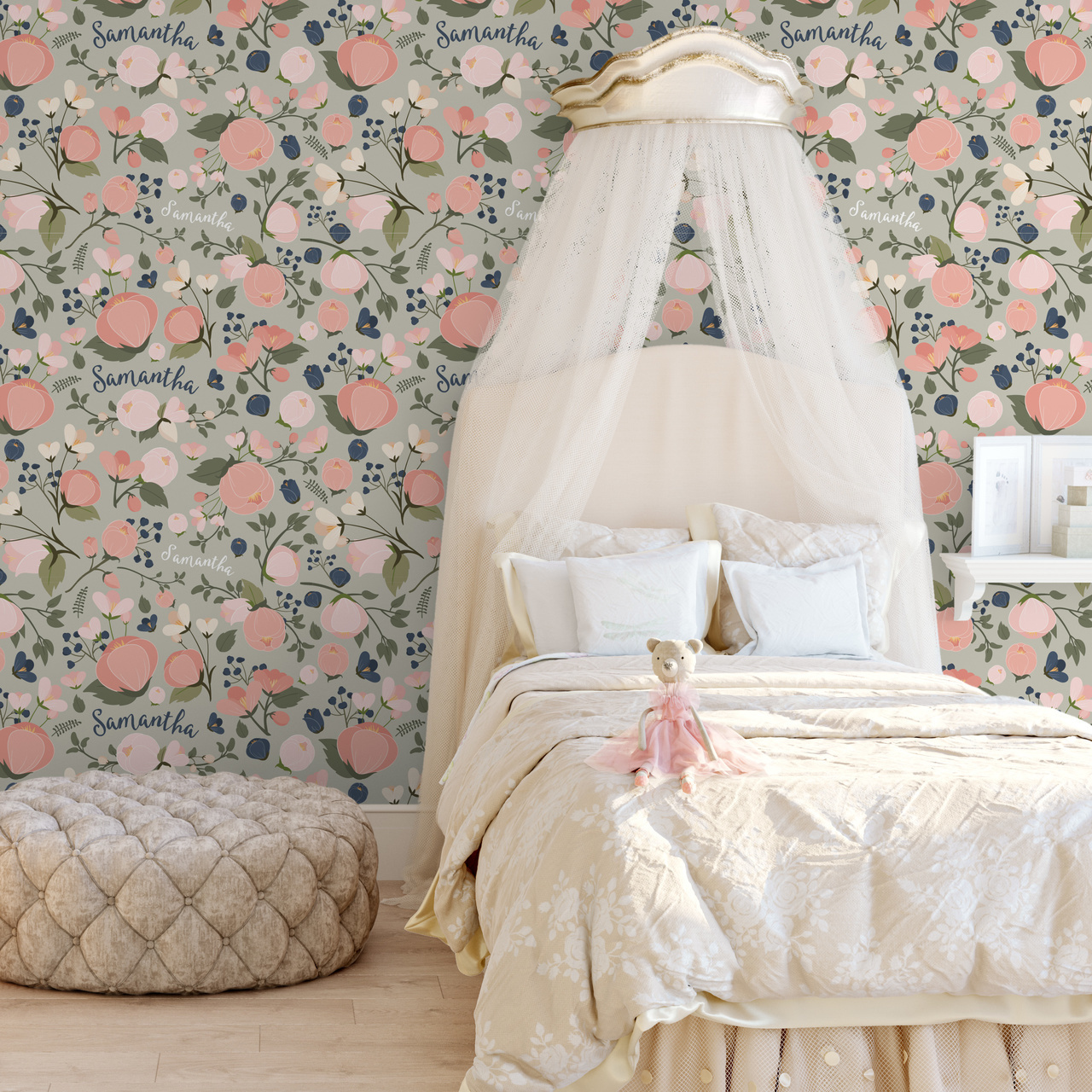 Blooms Floral Girls Nursery Wallpaper Sage Pink Navy - Decoração De Listras Parede , HD Wallpaper & Backgrounds
