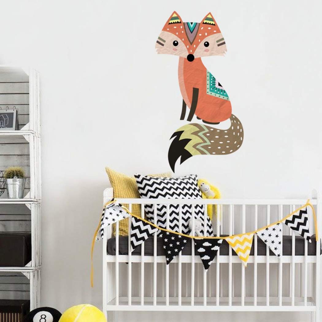 Cute Tribal Fox Wall Sticker Vinyl Cartoon Woodland - Panda Mom And Baby Painting , HD Wallpaper & Backgrounds