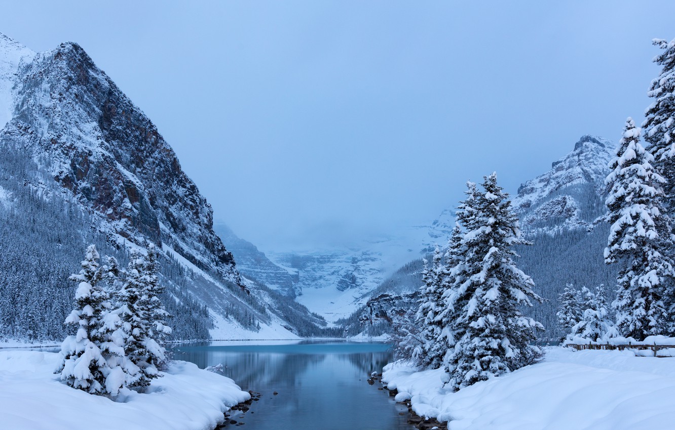 Photo Wallpaper Winter, Snow, Trees, Mountains, Lake, - Lake Louise , HD Wallpaper & Backgrounds