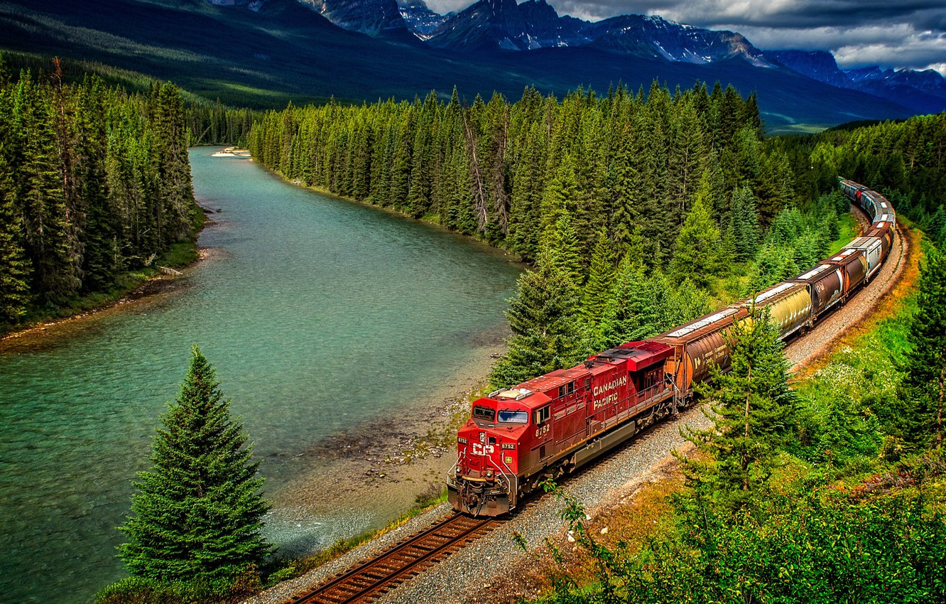 Photo Wallpaper Forest, Trees, Mountains, Nature, River, - Canada Forest Train , HD Wallpaper & Backgrounds