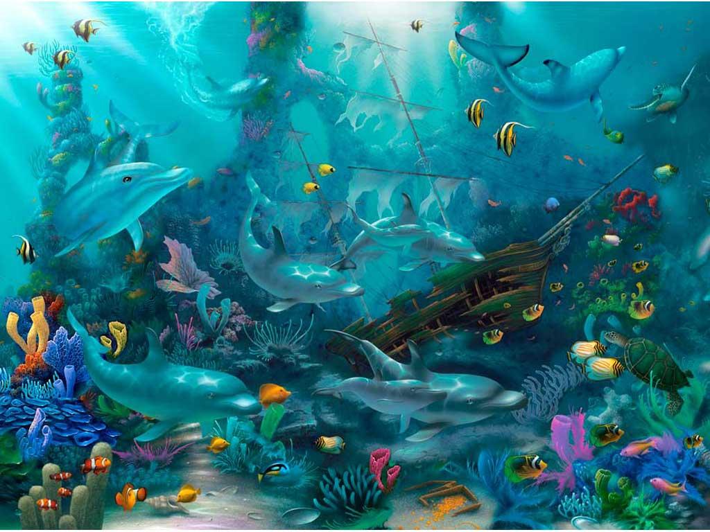 Navio No Fundo Do Mar Papel De Parede Wallpaper - Dolphin Under The Sea , HD Wallpaper & Backgrounds