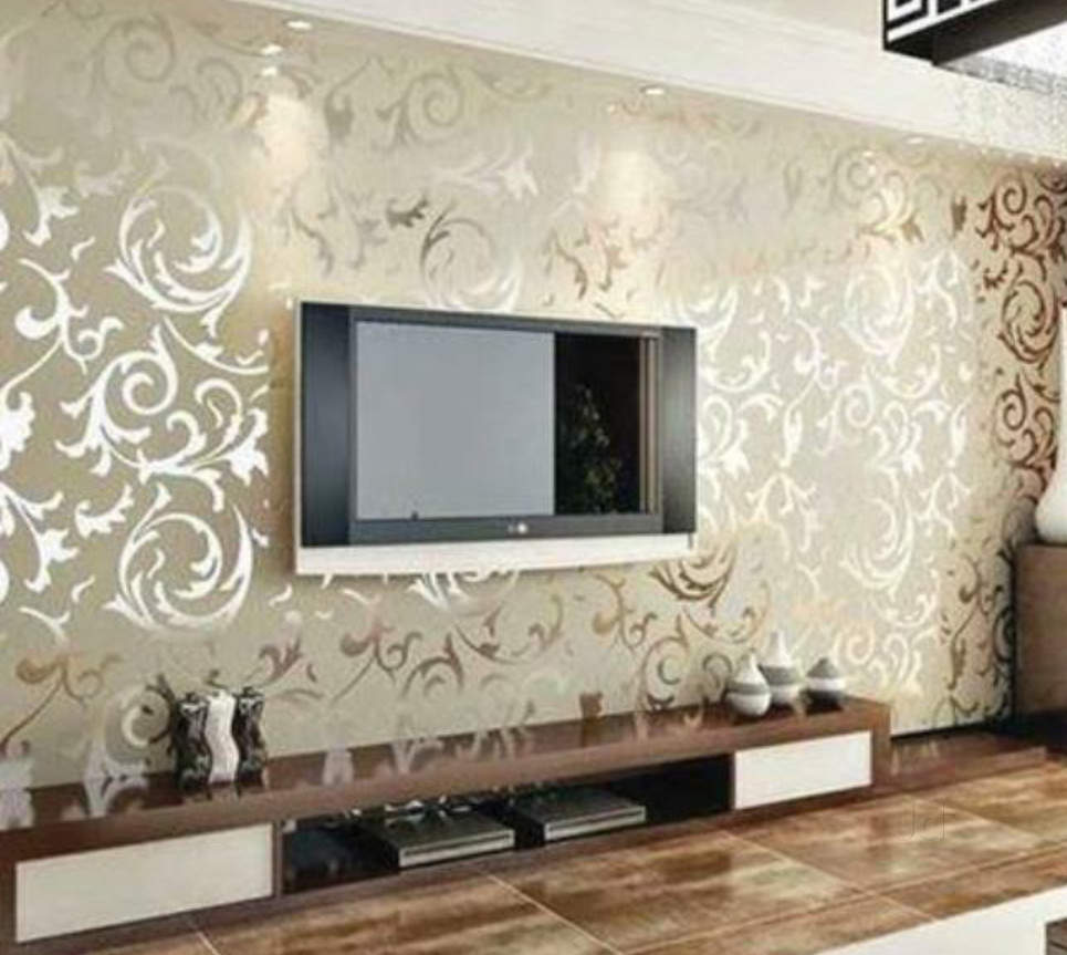 Tv Unit Design Works - Gold Wallpaper Living Room Ideas , HD Wallpaper & Backgrounds