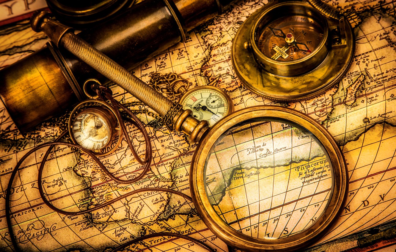 Photo Wallpaper Vintage, Romance, Compass, Watch, Adventure, - Treasure Hunt Magnifying Glass , HD Wallpaper & Backgrounds