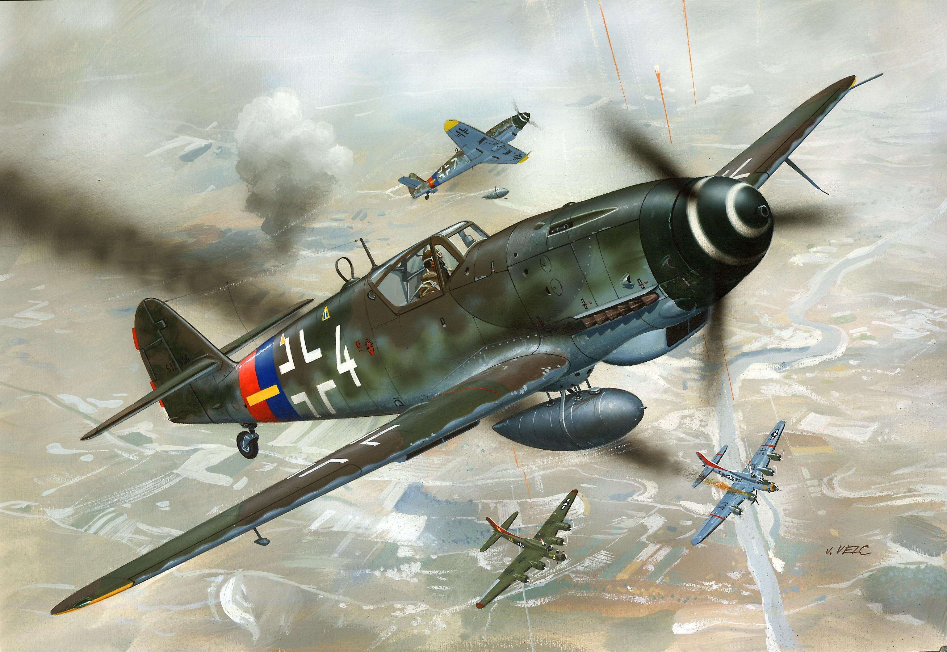 Four Battle Aircrafts Illustration, World War Ii, Messerschmitt, - Revell Messerschmitt Bf 109 G 10 , HD Wallpaper & Backgrounds
