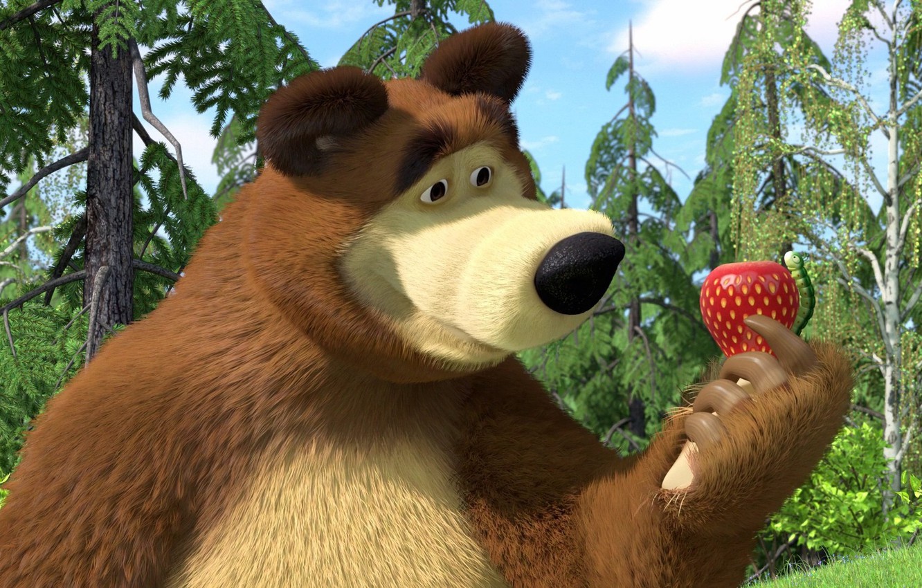 Photo Wallpaper Cartoon, Strawberry, Bear, Masha And - Мишка Маша И Медведь , HD Wallpaper & Backgrounds