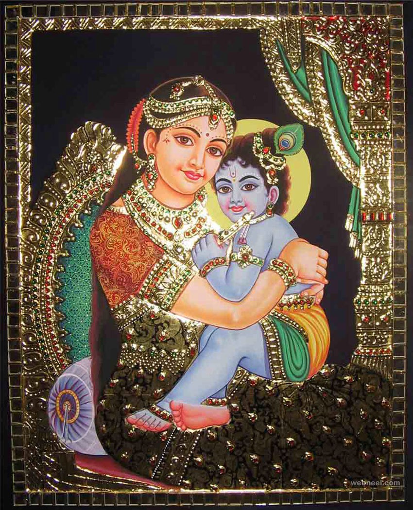 Lord Narasimha 3d Wallpapers Krishna Yasoda Tanjore - Tanjore Paintings Yashoda Krishna , HD Wallpaper & Backgrounds