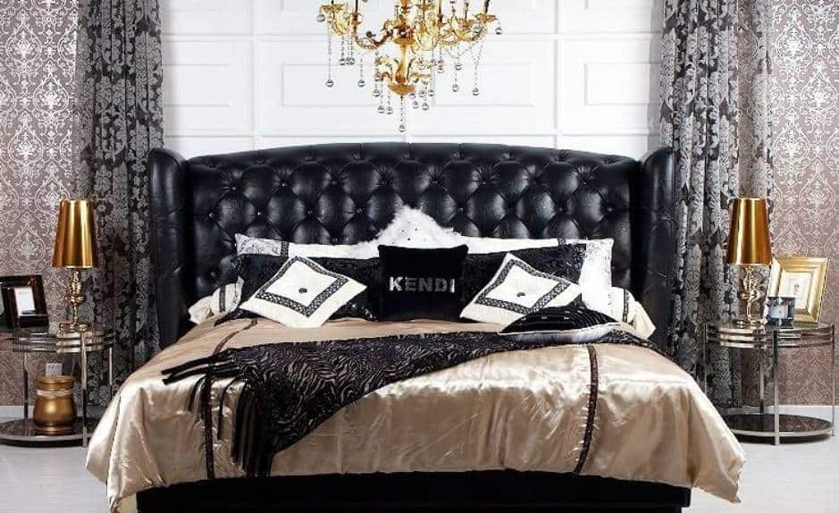 Black Bed Leather With Gold Comforter And Tufted Headboard - Black Tufted Bedroom Sets , HD Wallpaper & Backgrounds