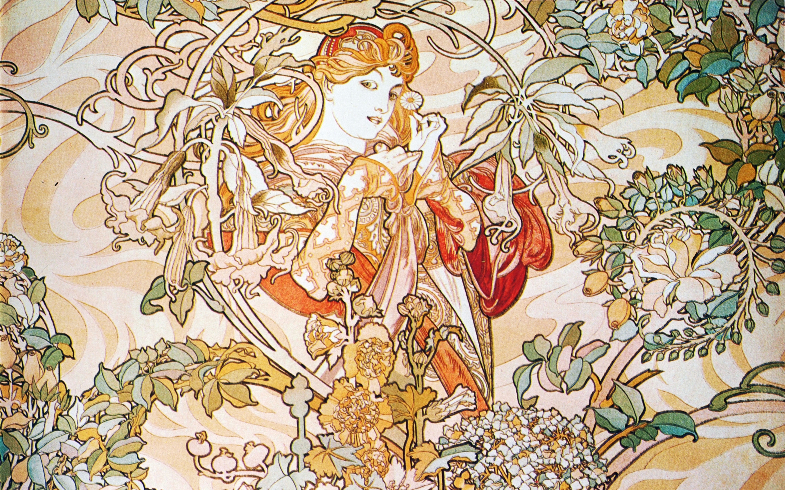 Alphonse Mucha Background - Alphonse Mucha Woman With Daisy , HD Wallpaper & Backgrounds