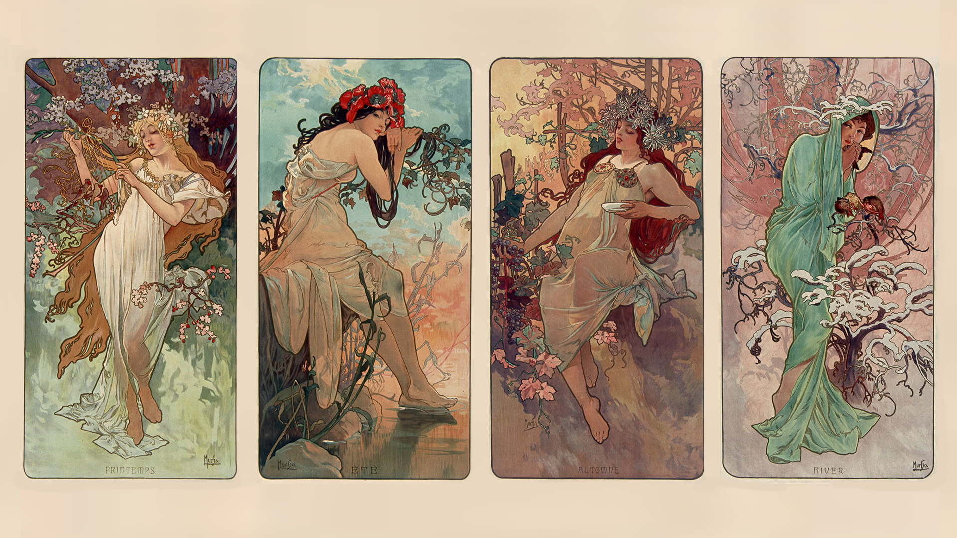 Alphonse Mucha Widescreen Wallpaper - Alphonse Mucha Seasons , HD Wallpaper & Backgrounds