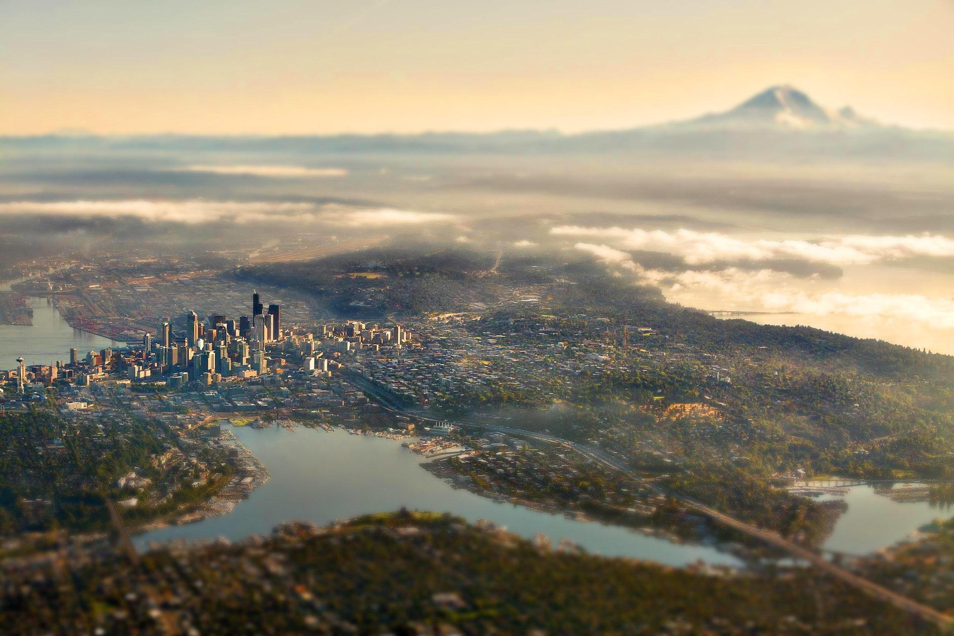 Landscape Nature Tilt Shift City Seattle Mount Rainier - Landscape Of Seattle , HD Wallpaper & Backgrounds