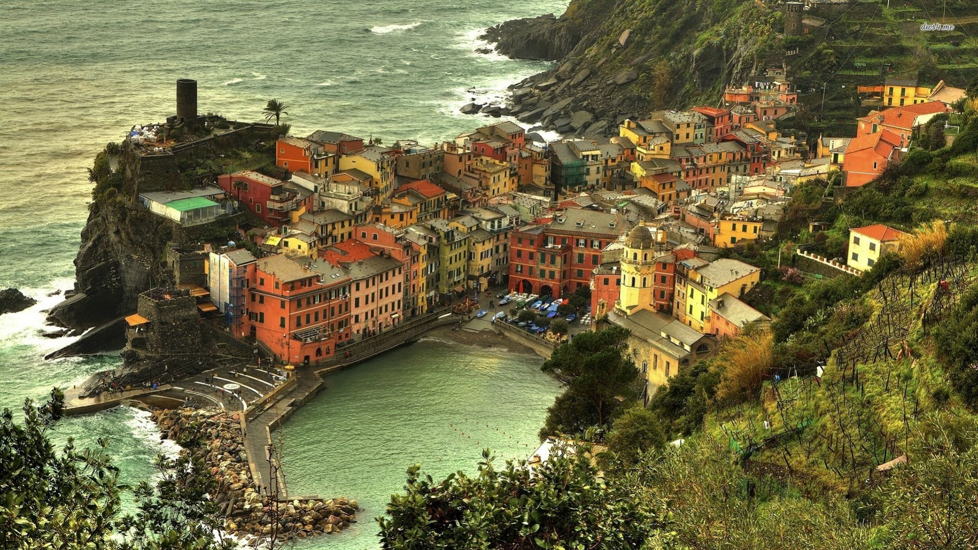 Cinque Terre, Italy On Dark Day Wallpaper - Aerial Photography , HD Wallpaper & Backgrounds
