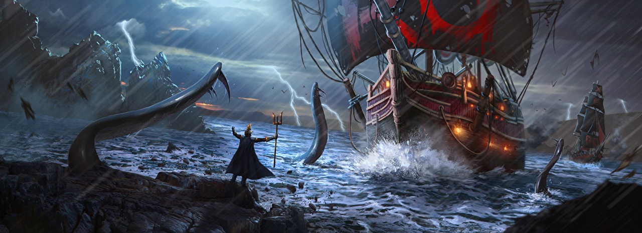 Images Ships Sailing Rain Warriors Lightning Trident - Fantasy Dual Monitor Backgrounds , HD Wallpaper & Backgrounds