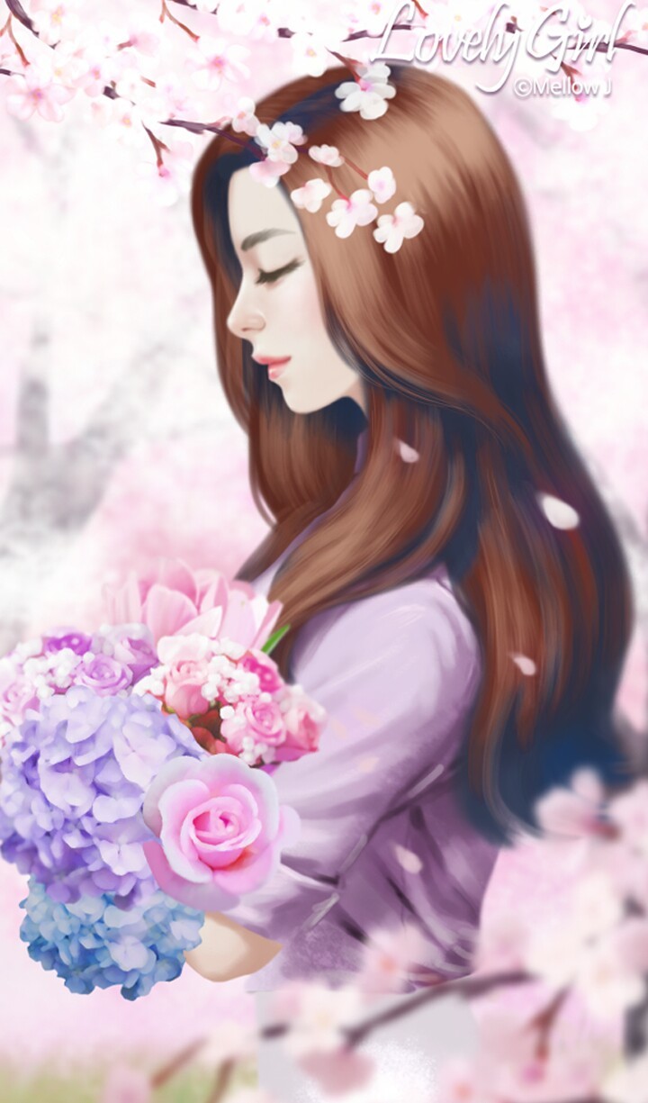 151 Images About Korean Art/ Girls 💖 On We Heart It - Cherry Blossom Girl Drawing , HD Wallpaper & Backgrounds