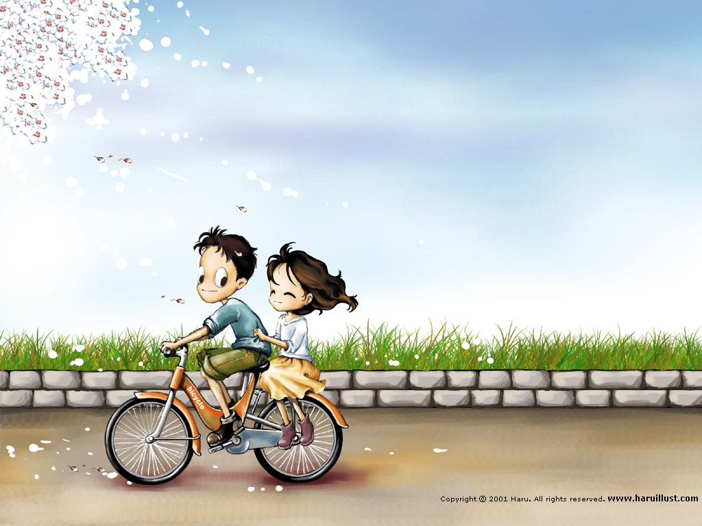 South Korea Cartoon Couple - Animated Couple On Bike , HD Wallpaper & Backgrounds