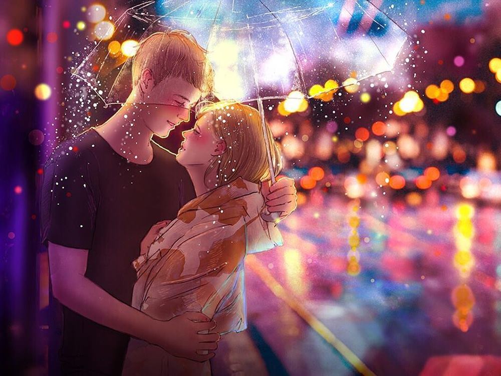 Sepayung Berdua Di Tengah Lampu-lampu Kota - Korean Illustrator Captures The Beauty Of Falling , HD Wallpaper & Backgrounds