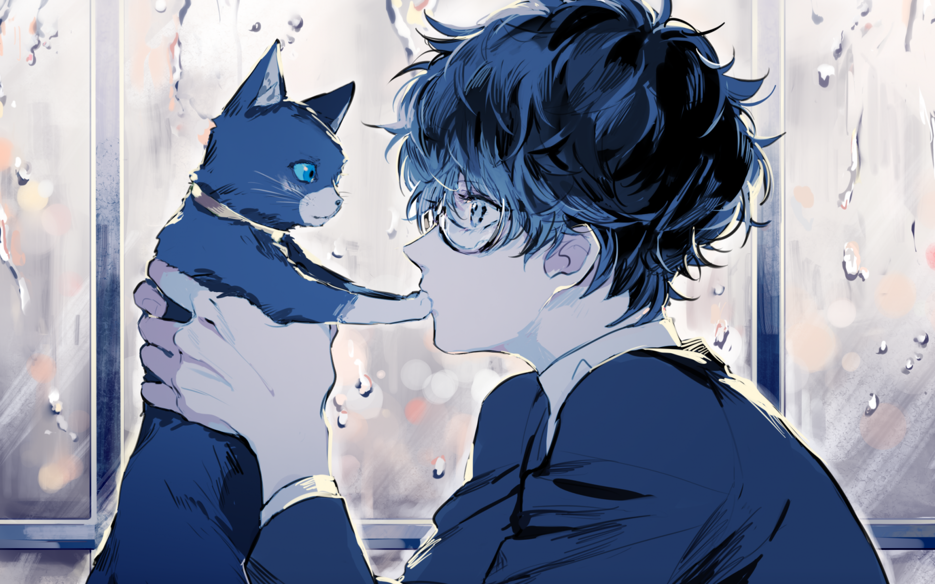 Persona 5, Kurusu Akira, Anime Boy, Cat, Glasses, Profile - Cute Anime Boy Hd , HD Wallpaper & Backgrounds