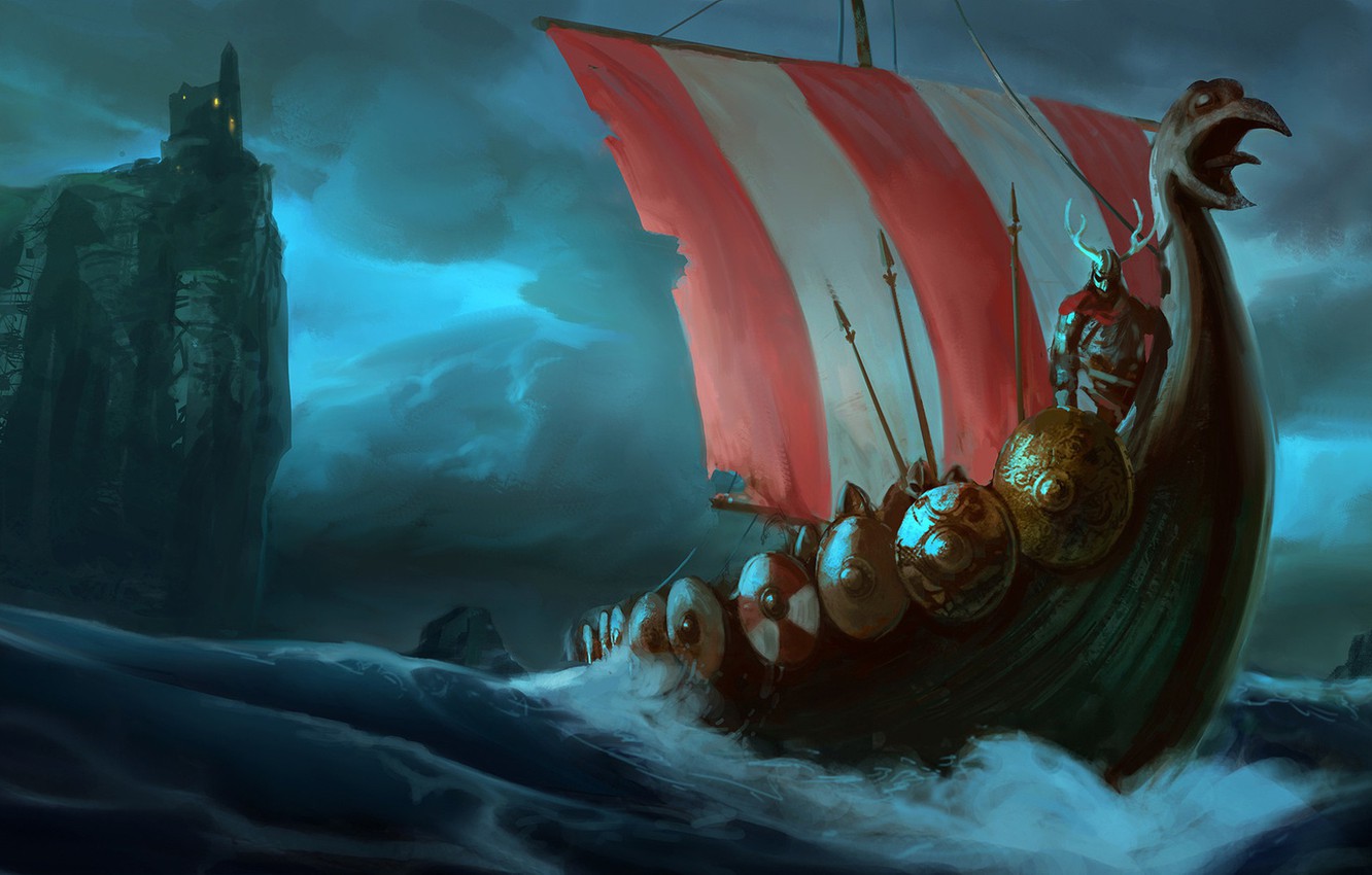 Photo Wallpaper Waves, Fantasy, Tower, Horns, Sea, - Vikings Background , HD Wallpaper & Backgrounds