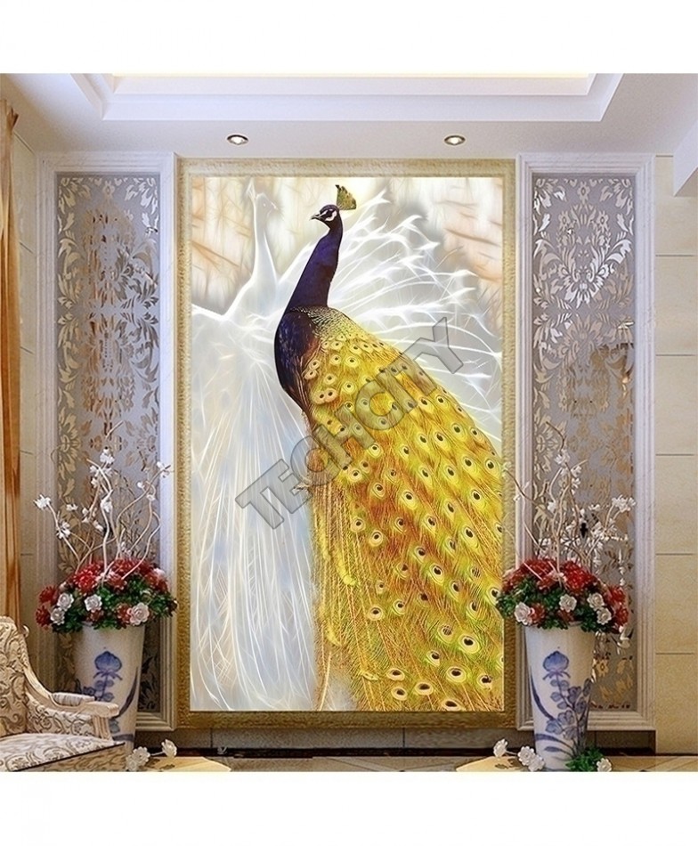 3d White Yellow Peacock Living Wall Art Wallpaper Online - 3d Peacock Wallpaper Full Screen , HD Wallpaper & Backgrounds
