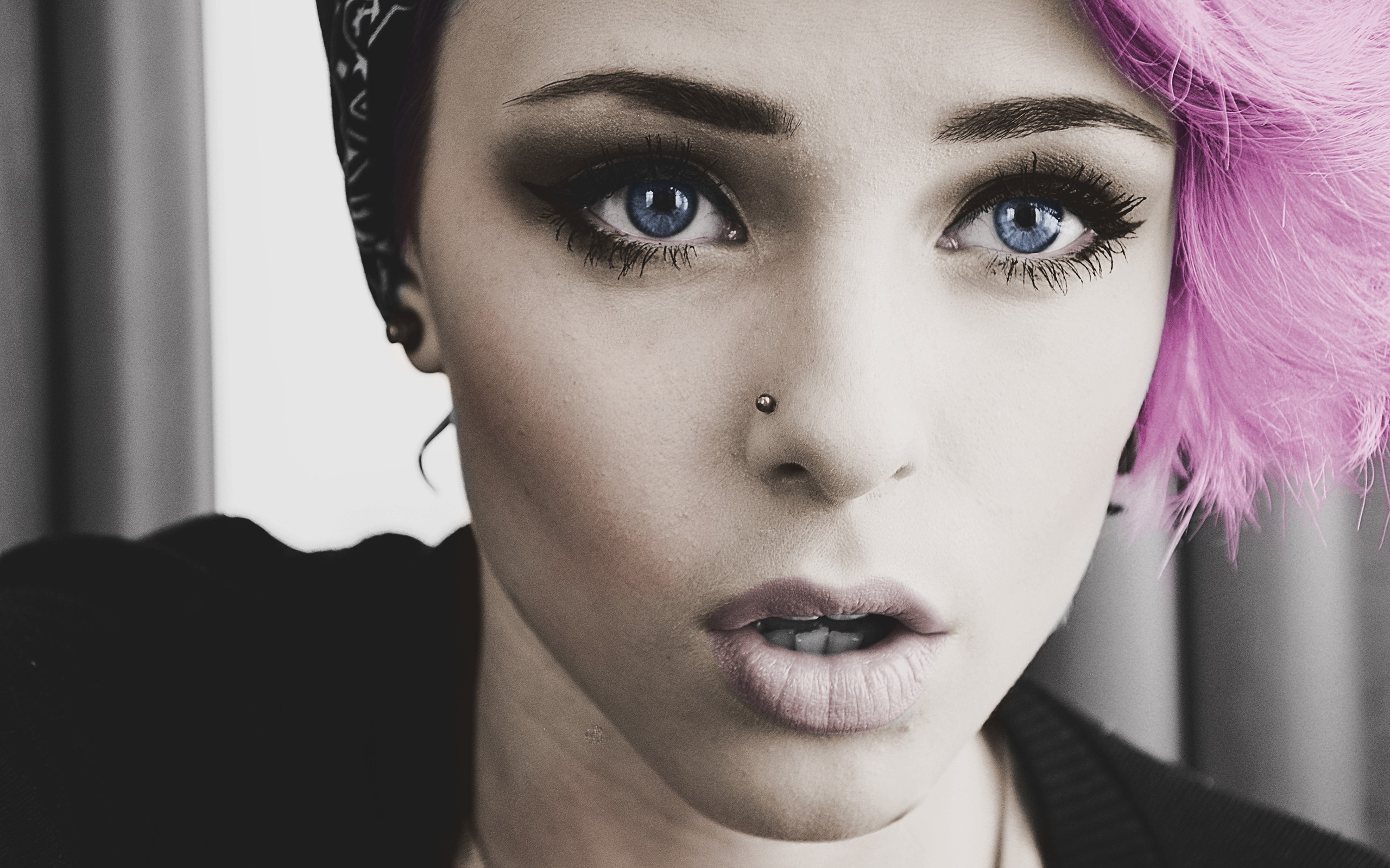 Women Blue Eyes Pink Hair Piercing Lips Closeup Girl