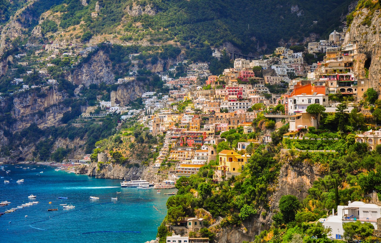 Photo Wallpaper Sea, Coast, Building, Boats, Slope, - Positano , HD Wallpaper & Backgrounds