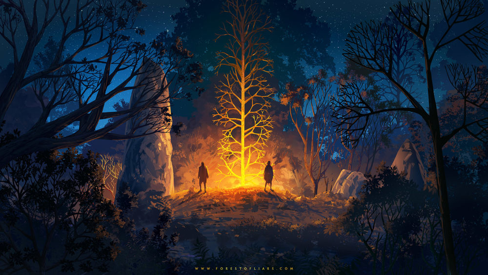 Wallpapers Two People Standing At A Glowing Tree, Forest - Forest Of Liars , HD Wallpaper & Backgrounds