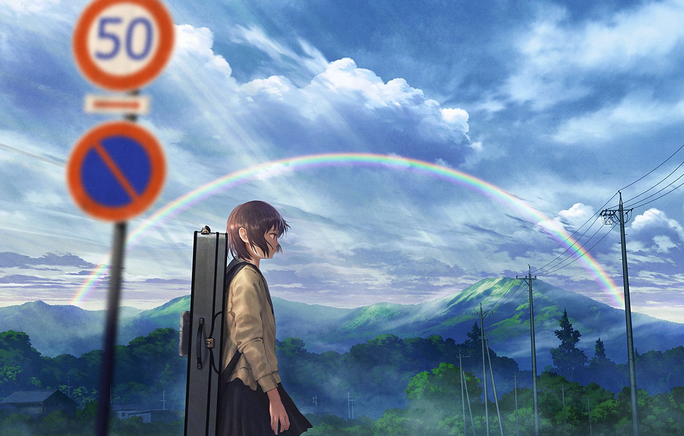Photo Wallpaper Hills, Rainbow, Japan, Village, Power - Mocha Pixiv , HD Wallpaper & Backgrounds