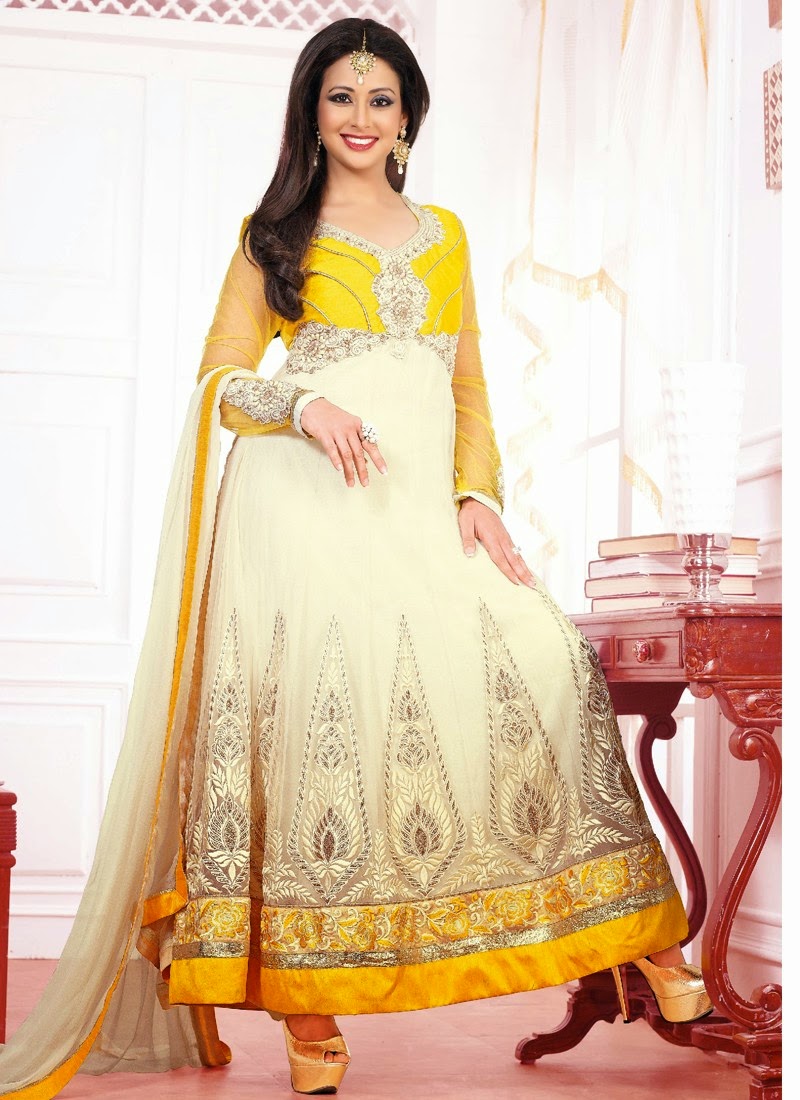 Preeti Jhangiani Hd Wallpaper - White Yellow Suit Anarkali , HD Wallpaper & Backgrounds
